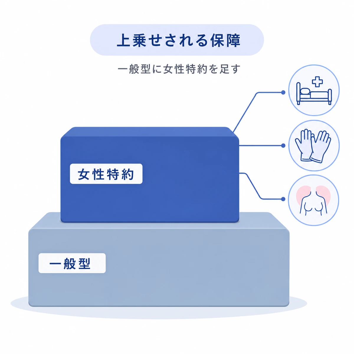 一般型のがん保険に女性特約が上乗せされる保障の構造を表した医療イラスト