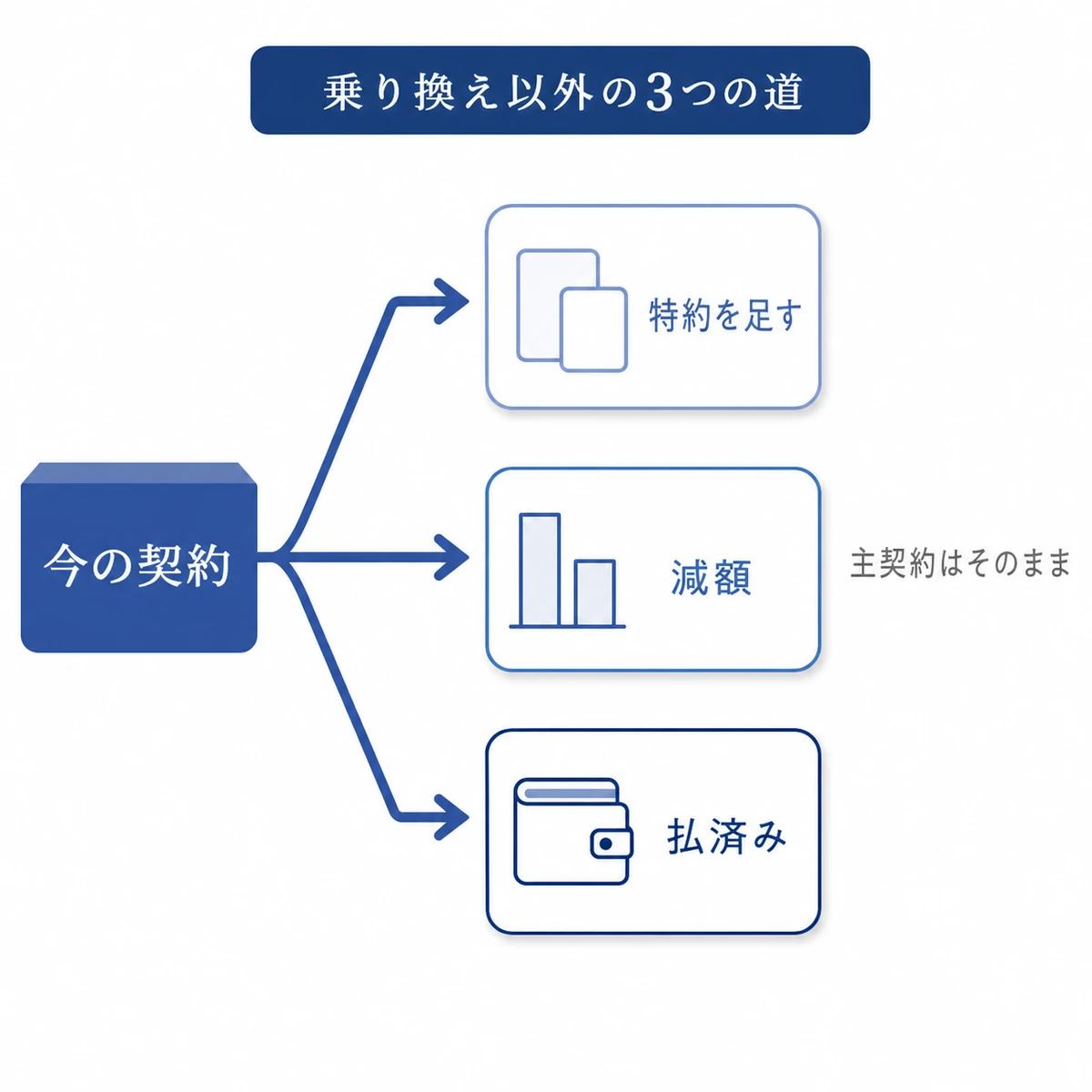 今の契約を残したまま特約を足すか減額か払済みかの3つに分かれる選び方を表した図解イラスト