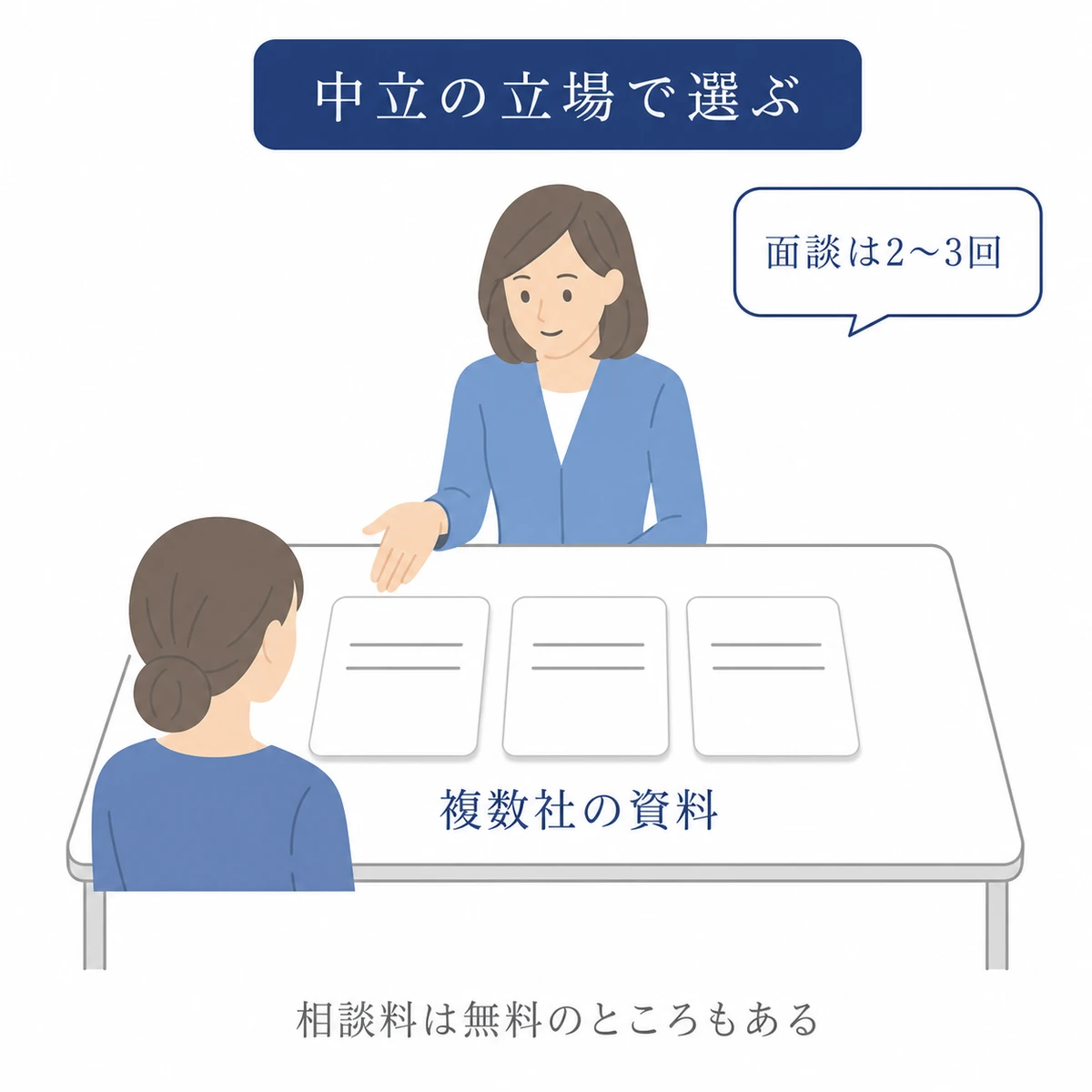 ファイナンシャルプランナーが複数社の資料を並べてがん保険の見直しを相談者と検討している場面の図解イラスト