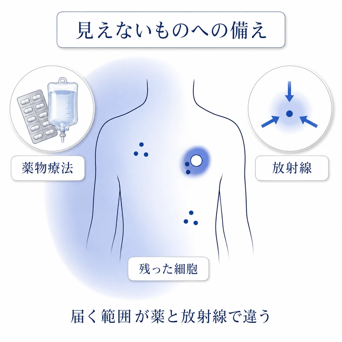 術後に残る可能性のある細胞に備える薬物療法と放射線治療の届く範囲を比較した図