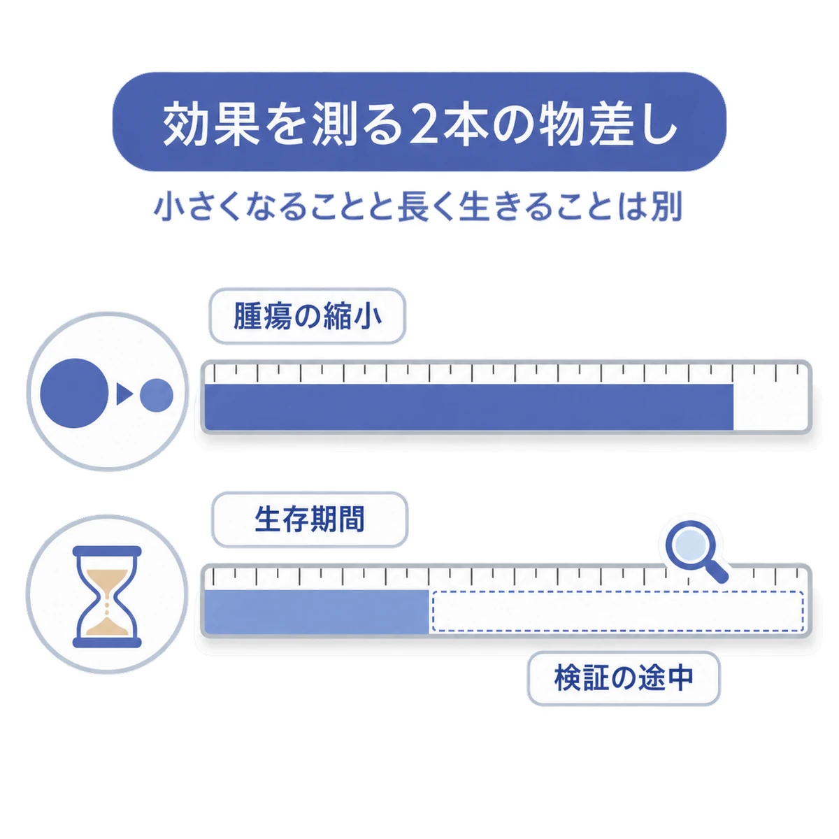 腫瘍の縮小と生存期間を別々の物差しで評価し、生存期間は検証途中であることを示した図