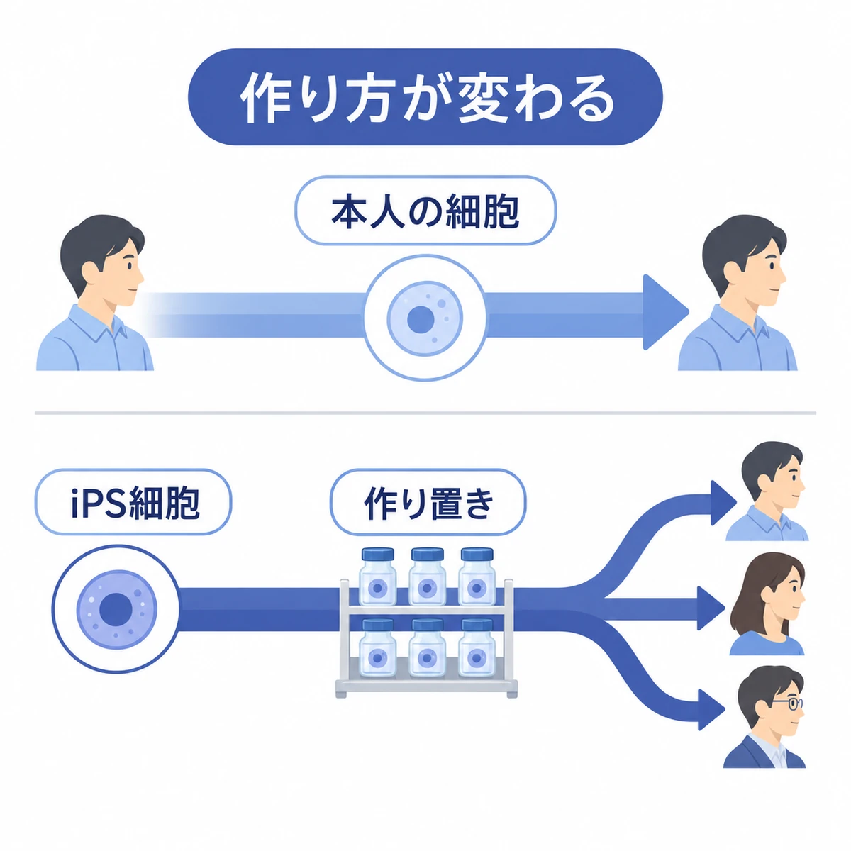 本人の細胞から作る方法とiPS細胞から作り置きする方法を上下で比べた流れ図