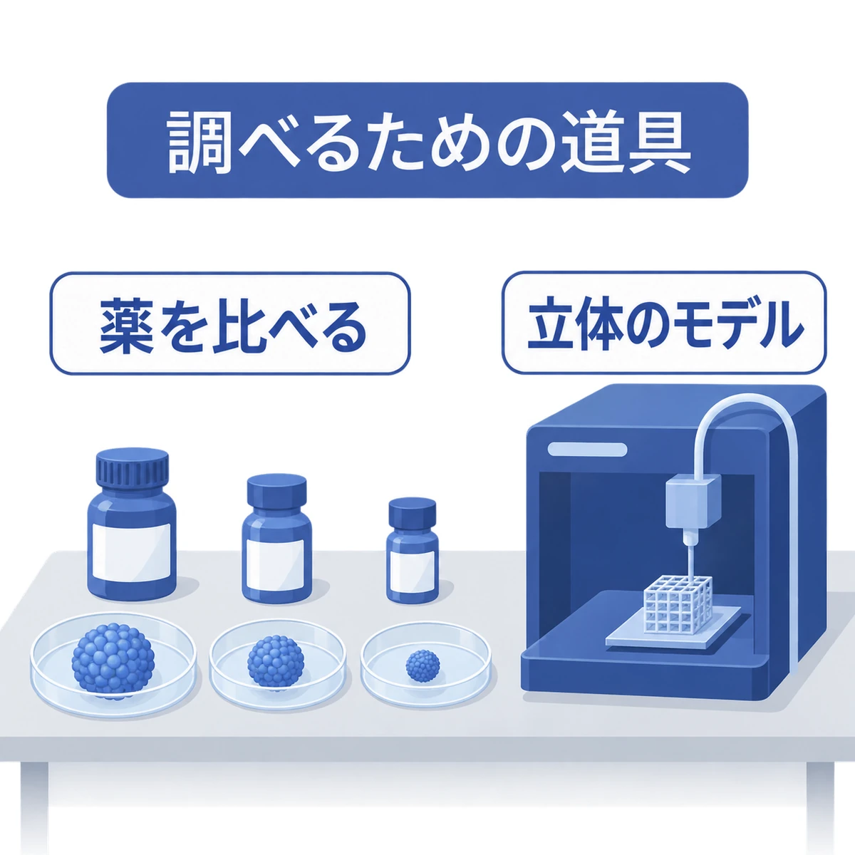 培養したがん組織への薬の反応と立体モデル作製を描いた研究机の図